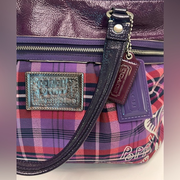 Coach Y2K Poppy Collection Tartan Canvas Purple Plaid Graffiti Tote/Shoulder Bag - Picture 14 of 16